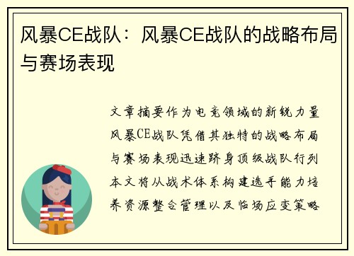 风暴CE战队：风暴CE战队的战略布局与赛场表现
