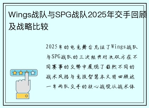 Wings战队与SPG战队2025年交手回顾及战略比较